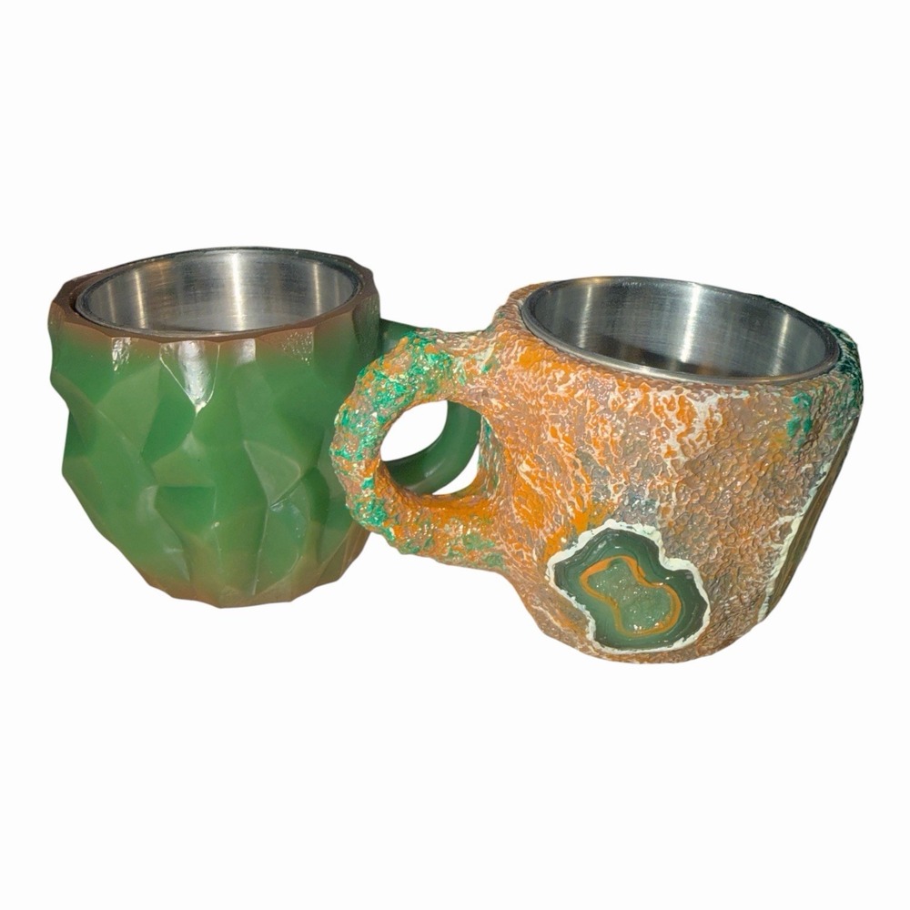 Green Geode Crystal Style Mugs Set of 2 Faux Agate Stainless Steel Lined